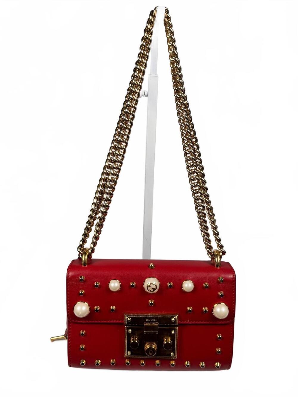 Gucci Red Leather Pearl Studded Padlock Chain Shoulder Bag